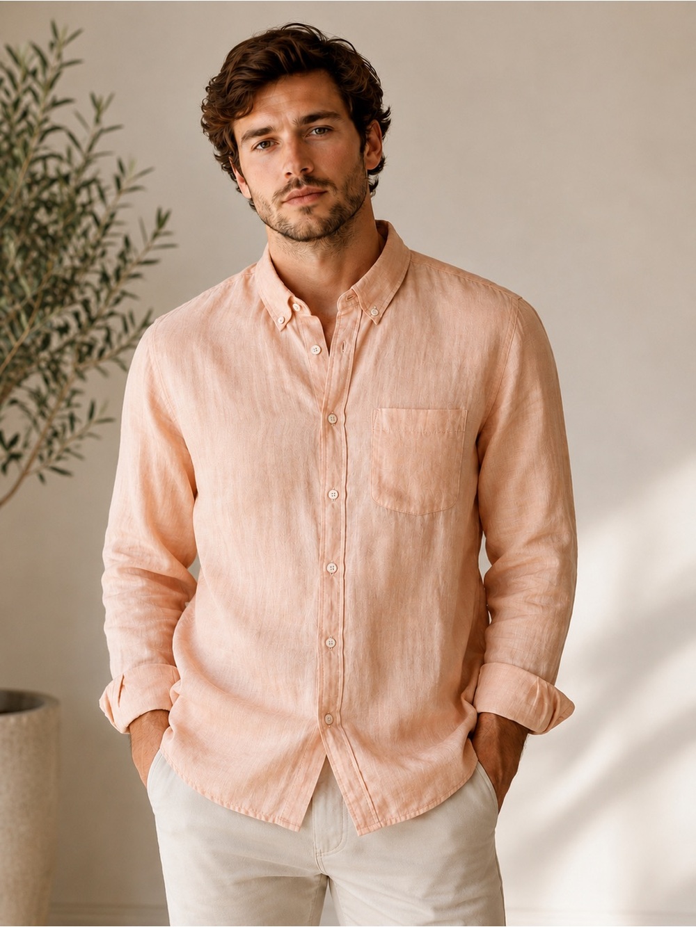 Abercrombie & Fitch - Men's Peach Button-Down Linen Shirt